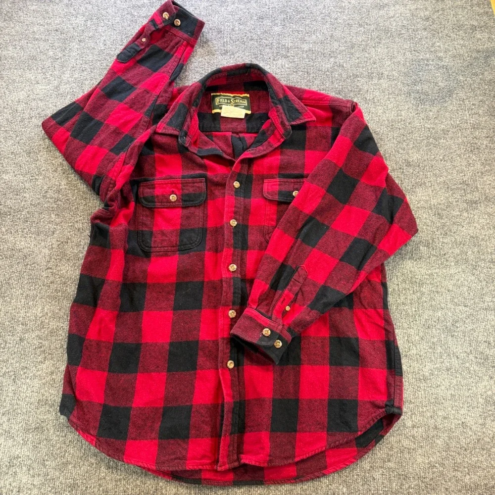 Vintage Field & Stream Men XL Red Black Buffalo Plaid Flannel Button Down Cotton